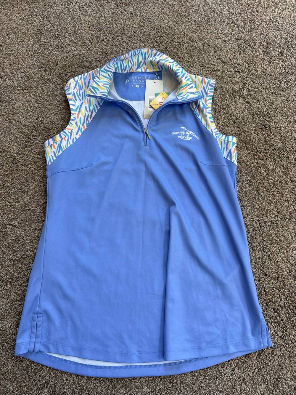 Bermuda Sands Sleeveless Golf Polo Periwinkle with Multi Print Womens Small nwt